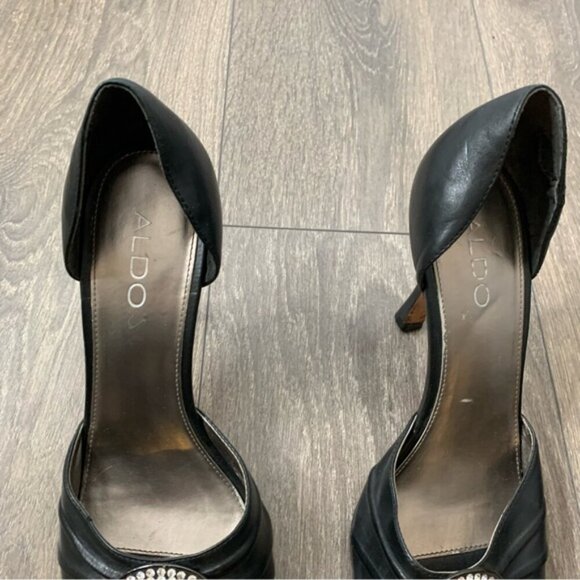 Aldo Women's Open toe Pumps Heels Leather Black Crystal Embellishment detail - Picture 6 of 16
